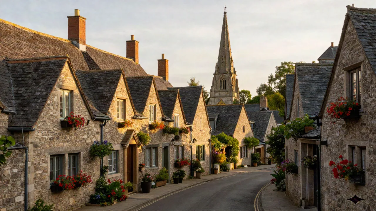 A small charming village at golden hour with stone cottages and a cobblestone lane