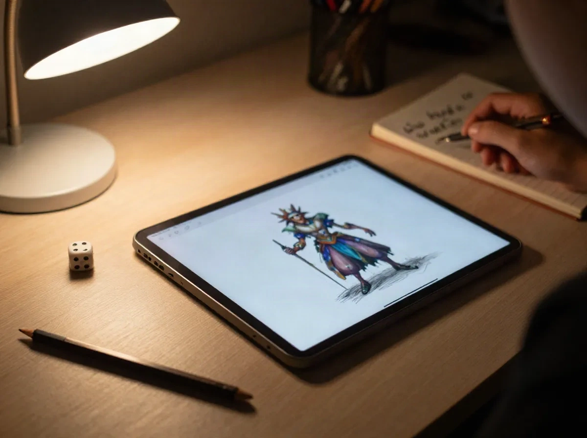 Schreibtisch mit einem Tablet, das eine Fantasy-Figur-Skizze zeigt, daneben ein Notizbuch mit gekritzelten Namensideen