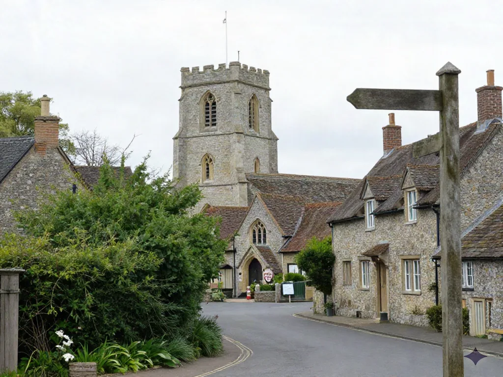 A small English village with a stone church and thatched cottages along a green lane