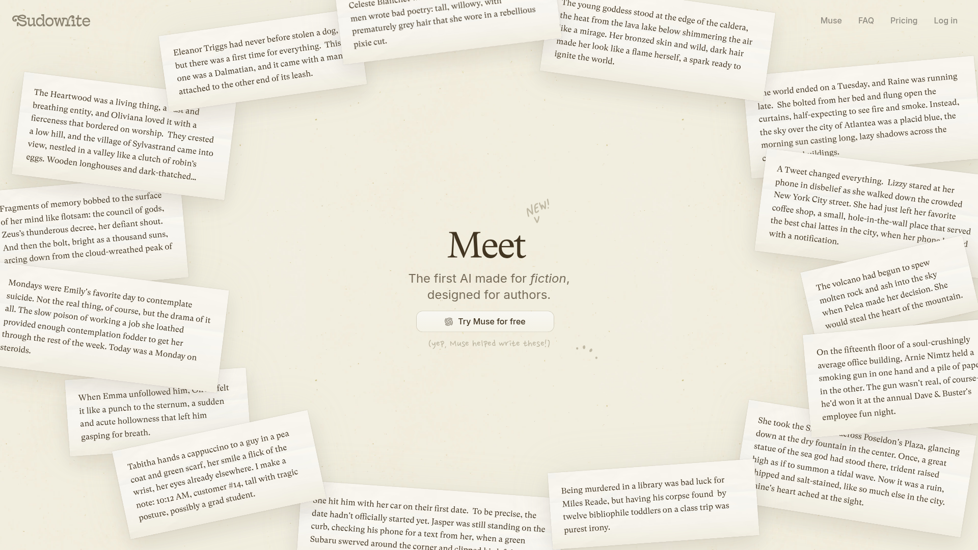 Sudowrite Muse model page showing fiction sample outputs