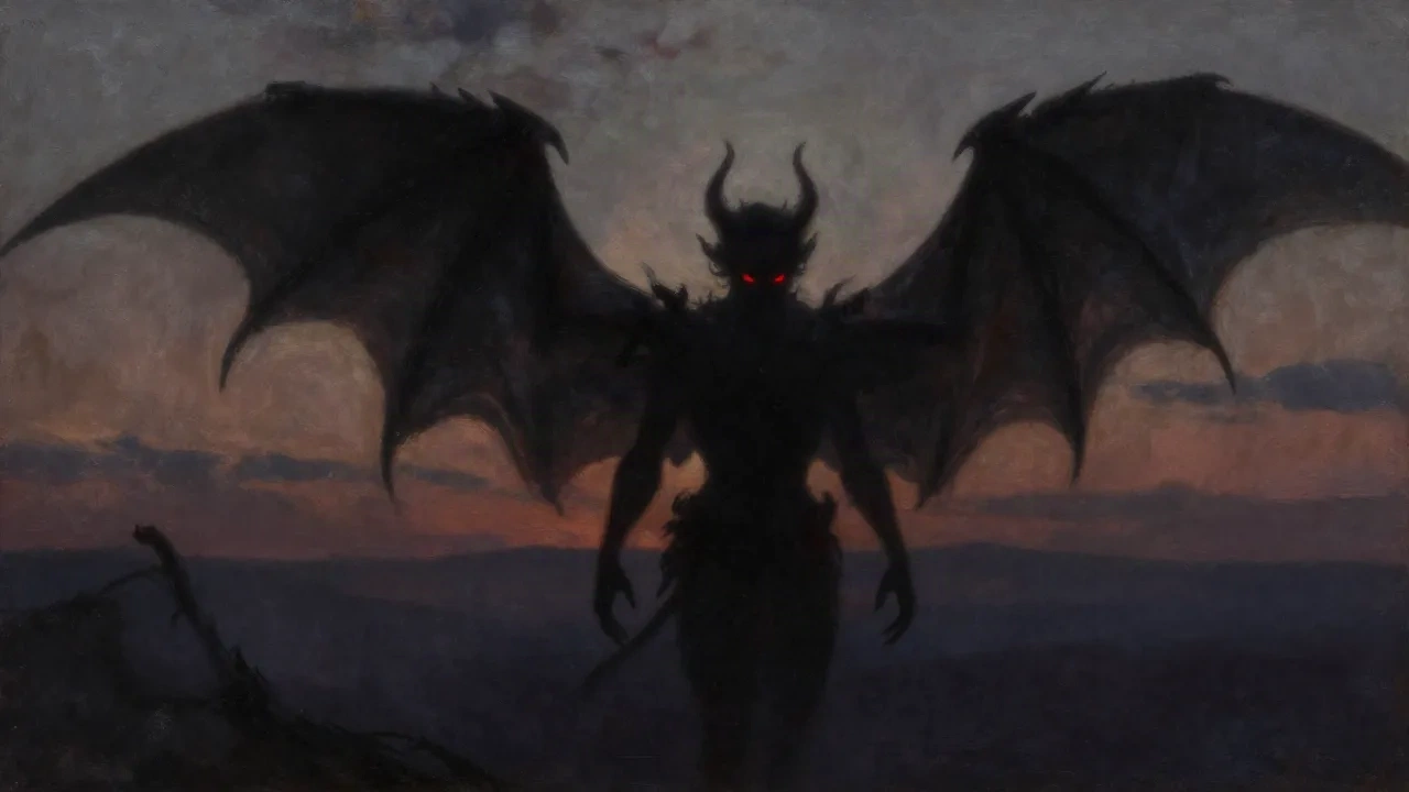 Silueta demoníaca misteriosa asomándose sobre un paisaje de fantasía oscuro al atardecer con ojos brillantes de color carmesí