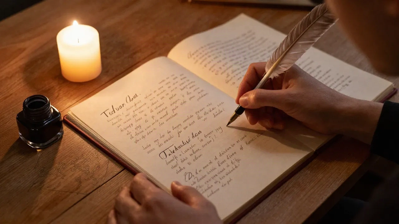 Writer at a candlelit desk with manuscript pages and character name notes