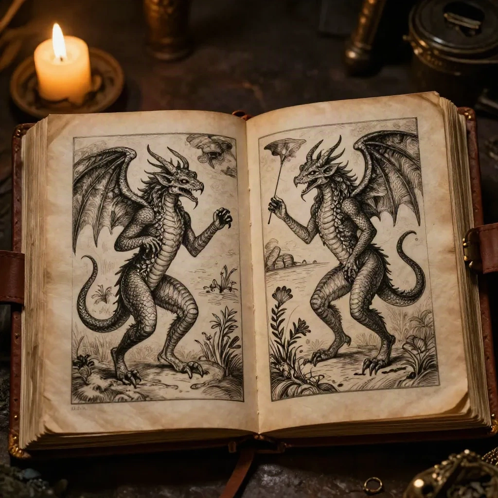 Antiguo grimorio abierto a páginas ilustradas de criaturas demoniacas mitológicas a la luz de velas