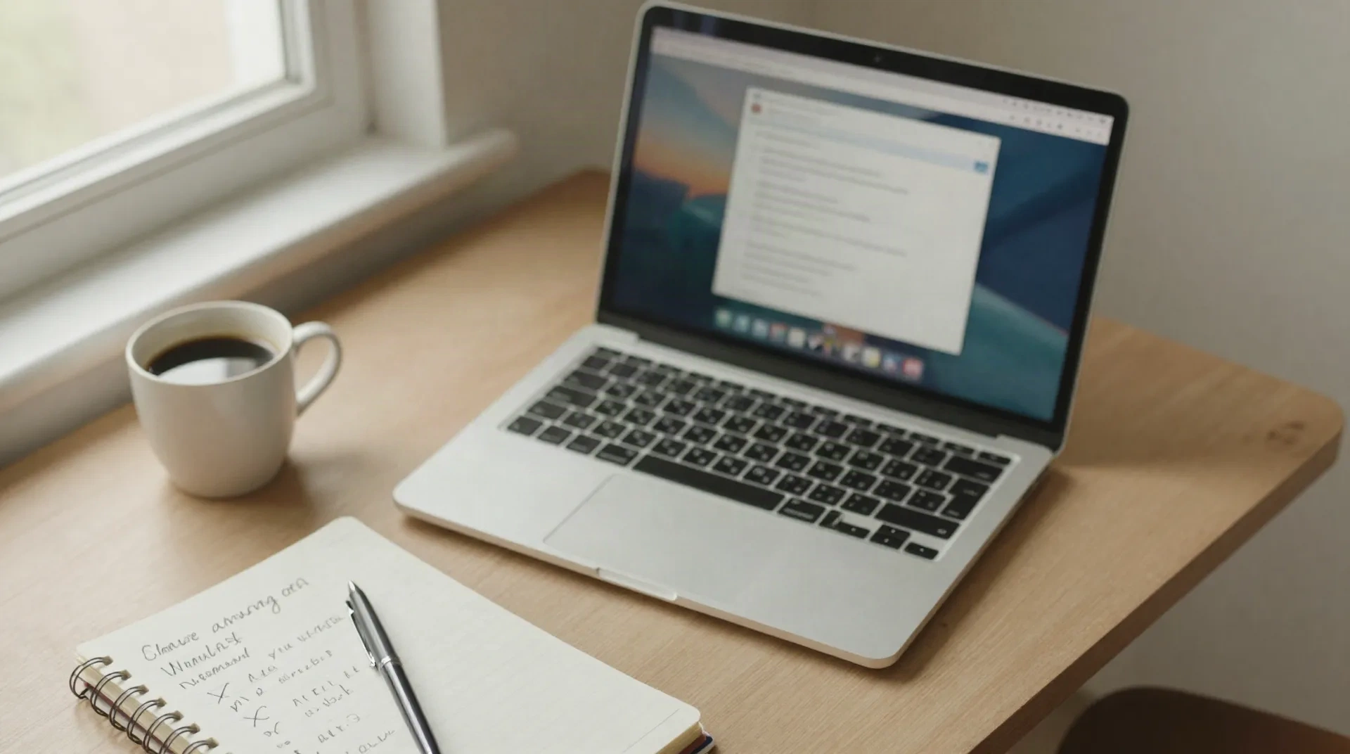 Gründer brainstormt Markennamen-Ideen neben Laptop und Kaffee, Notizbuch voller durchgestrichener Namensentwürfe