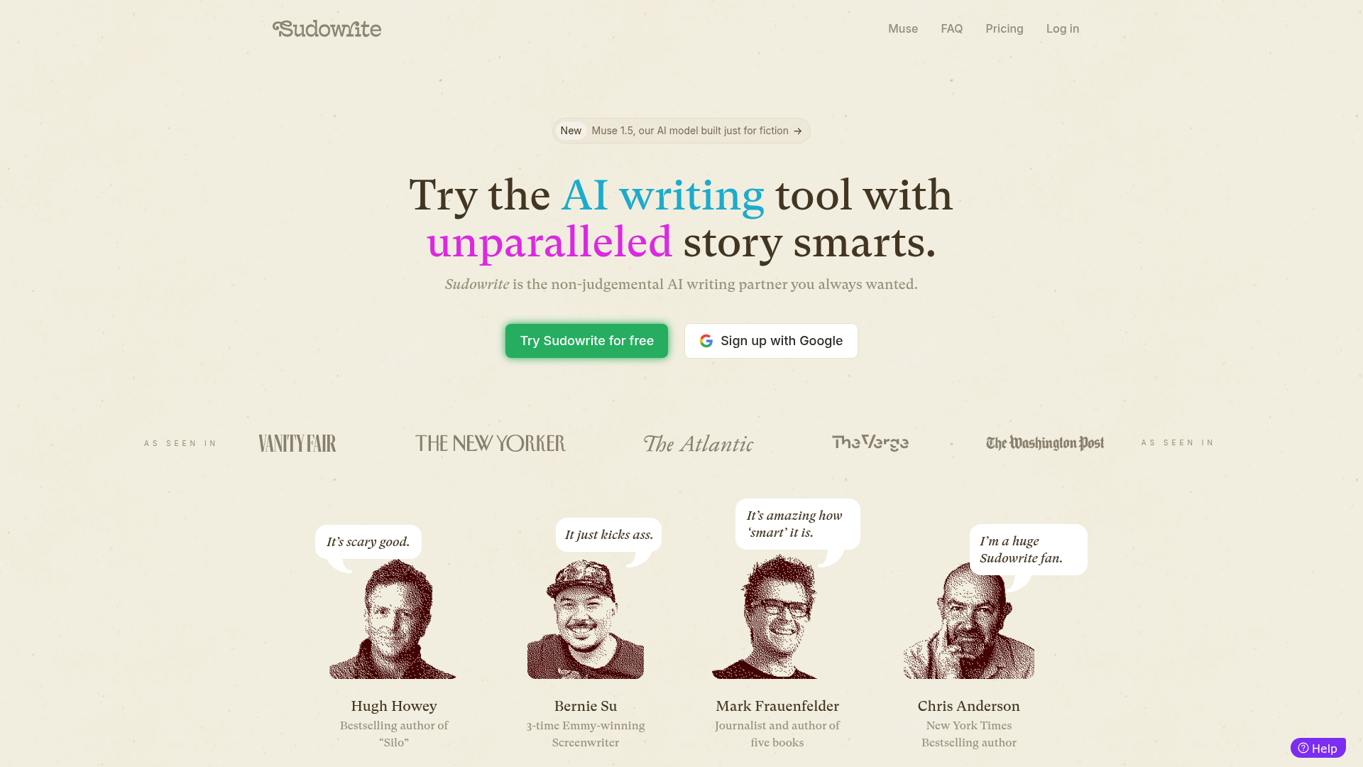 Sudowrite-Homepage, KI-Schreibtool für Fiction-Autoren