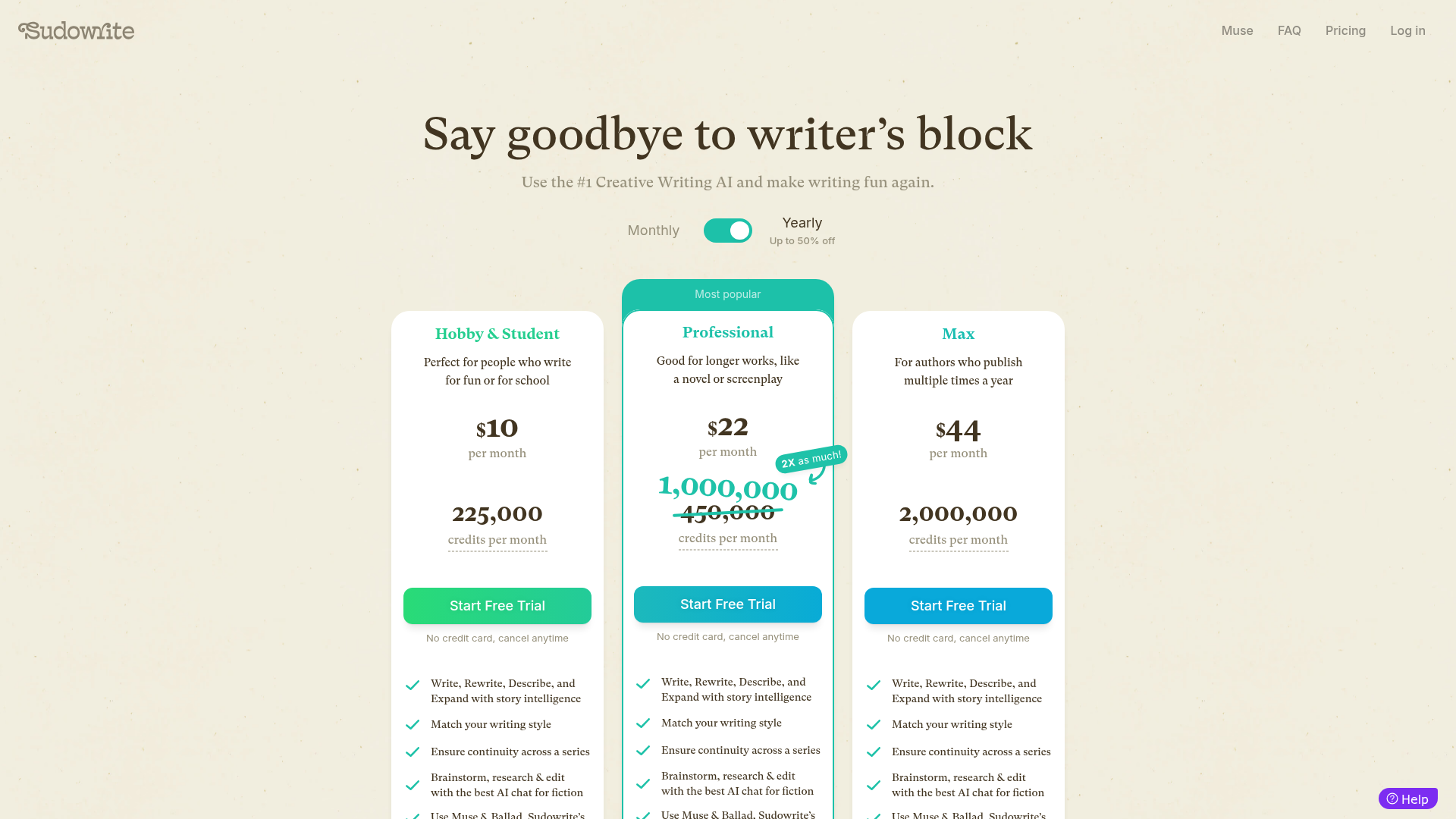Sudowrite pricing page listing Hobby, Professional and Max credit allotments
