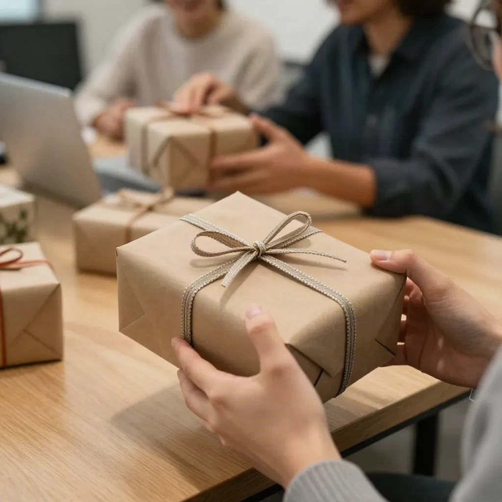 Person holding a neatly wrapped gift at a casual holiday office party table with other gifts visible