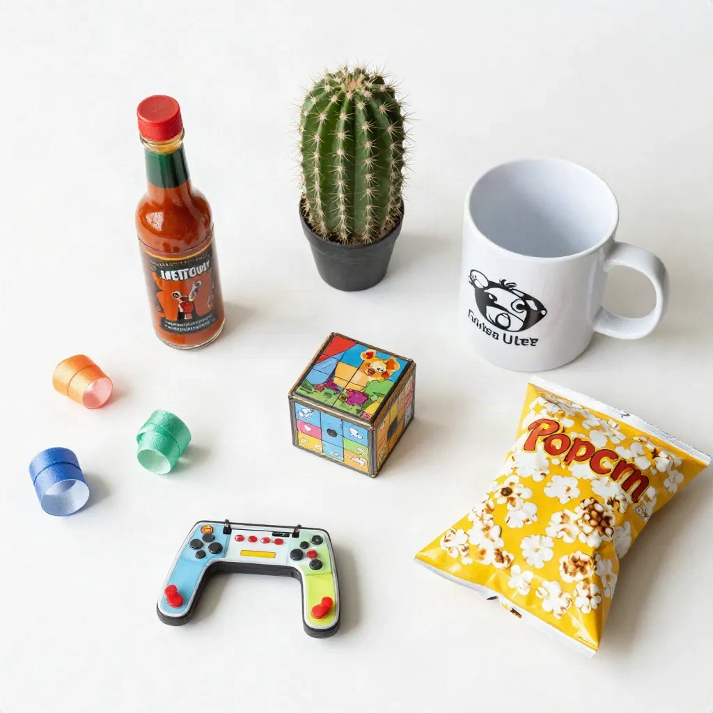 Overhead flat lay of quirky small gift ideas for a white elephant exchange including hot sauce and novelty items