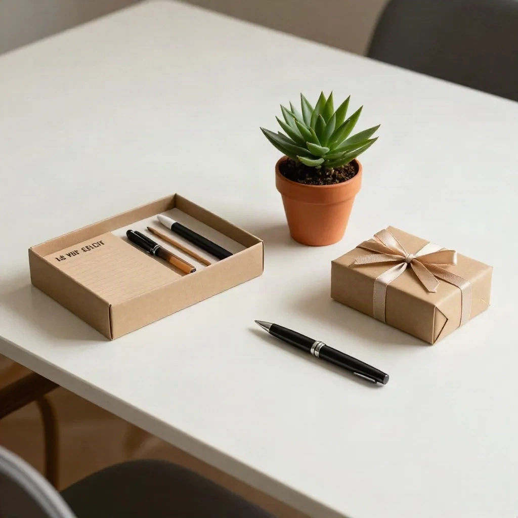 Durchdachte Schreibtisch-Geschenke mit Schreibwarenset, Pflanze und eingewickelter Box