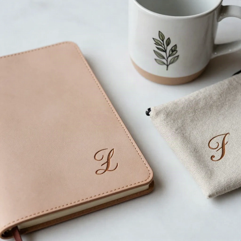 Personalisiertes graviertes Ledernotizbuch und Initialen-Keramikbecher als Kollegengeschenk