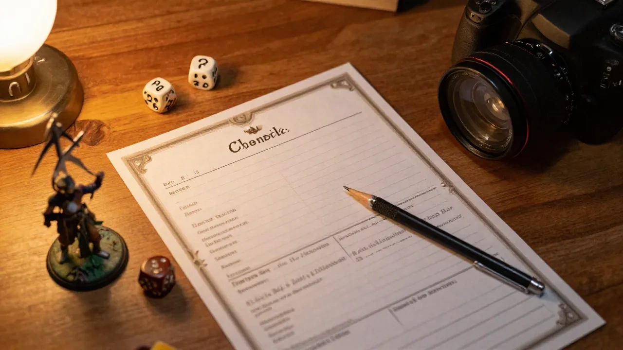 Foglio personaggio D&D, dadi e miniatura fantasy su tavolo da gioco di ruolo