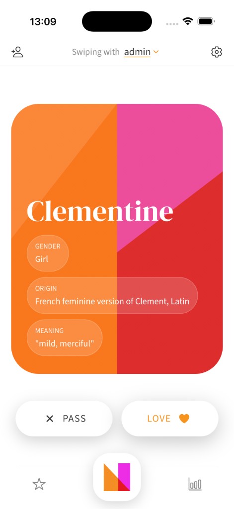 Nameberry iOS app swipe screen showing the name Clementine