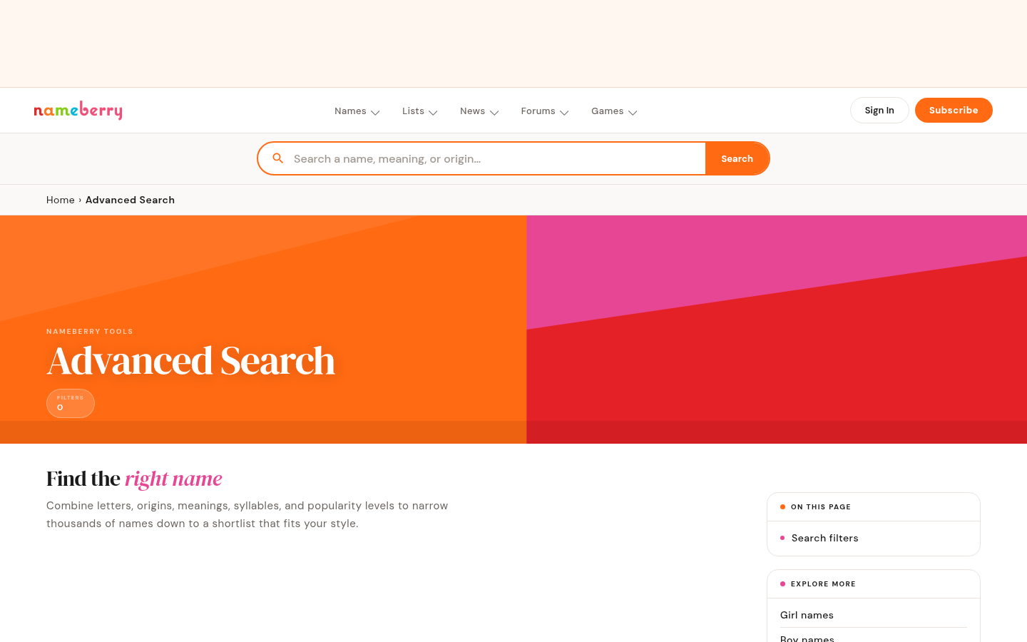 Nameberry Advanced Search filter results screen