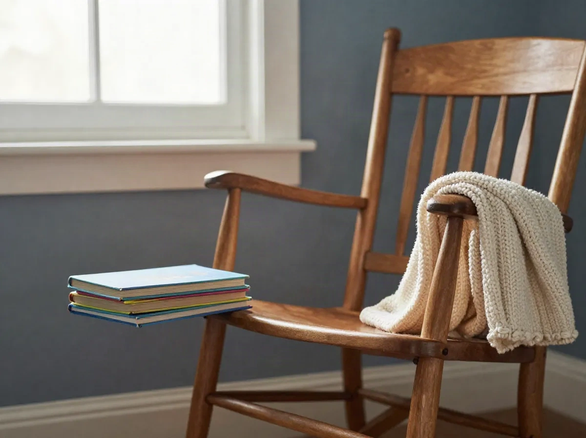 Cozy nursery reading corner with picture books and a knitted blanket on a rocking chair