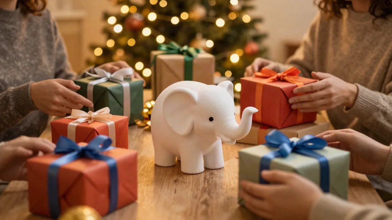Colorfully wrapped gifts arranged on a festive table at a white elephant gift exchange party