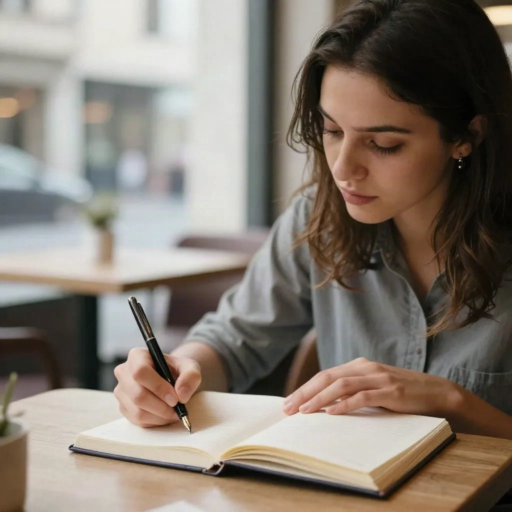 Mujer escribiendo con atención en un cuaderno en una cafetería con luz natural suave
