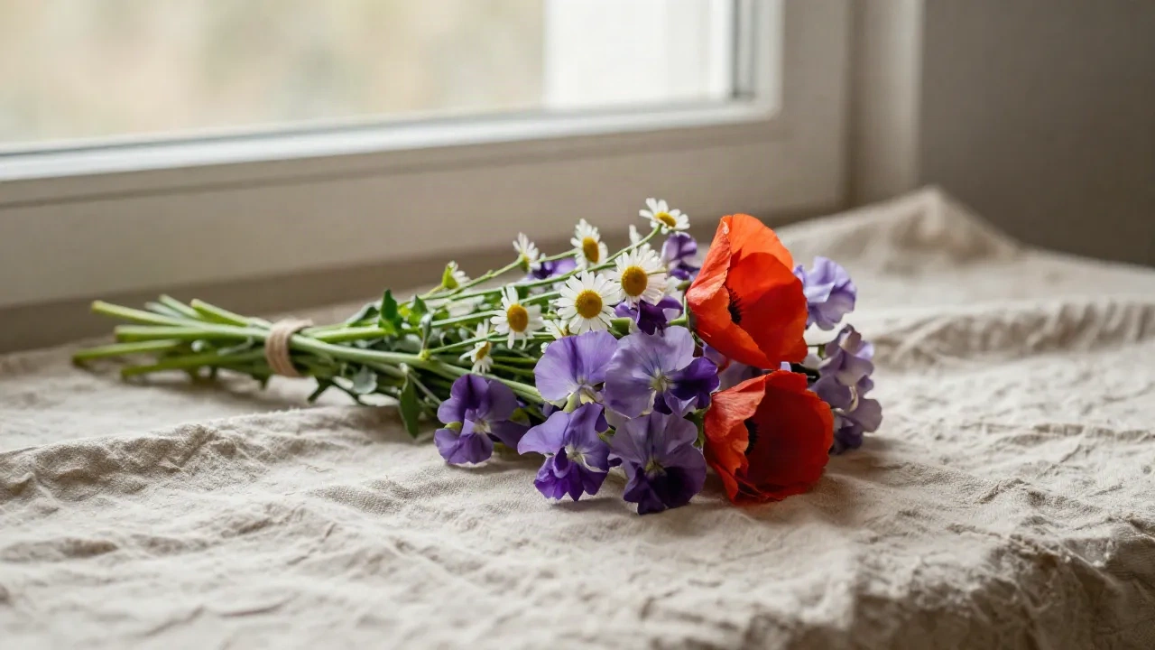 Loser Blumenstrauß aus Veilchen, Gänseblümchen, Mohn und Wicken auf einem Leinentuch am Fenster