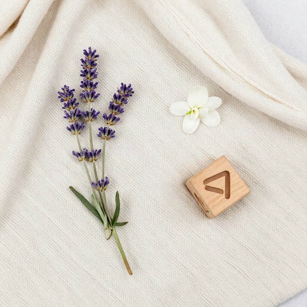 Krämfärgad stickad babyfilt med en kvist lavendel och en vit jasminblomma