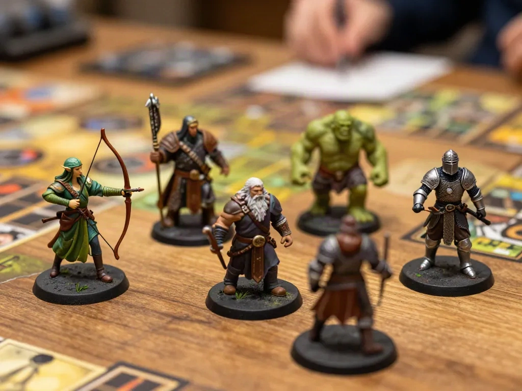 Painted fantasy miniatures of an elf, a dwarf, an orc and a human knight on a tabletop