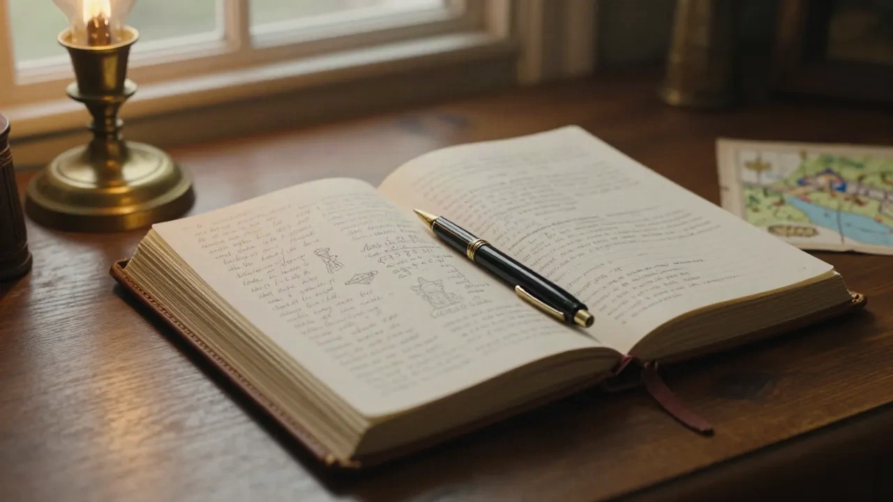 Offenes Notizbuch mit handschriftlich erfundenen Namen und eine Fantasie-Landkarte auf einem Holztisch