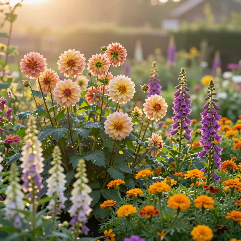 Trädgårdsrabatt i stugstil med dahlior, fingerborgsblommor och tagetes i gyllene kvällsljus