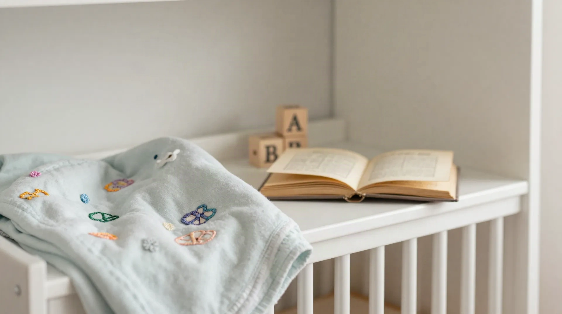 Pastellfarbene, bestickte Babydecke in einem weißen Kinderbett neben einem aufgeschlagenen Namensbuch und Holzbuchstaben