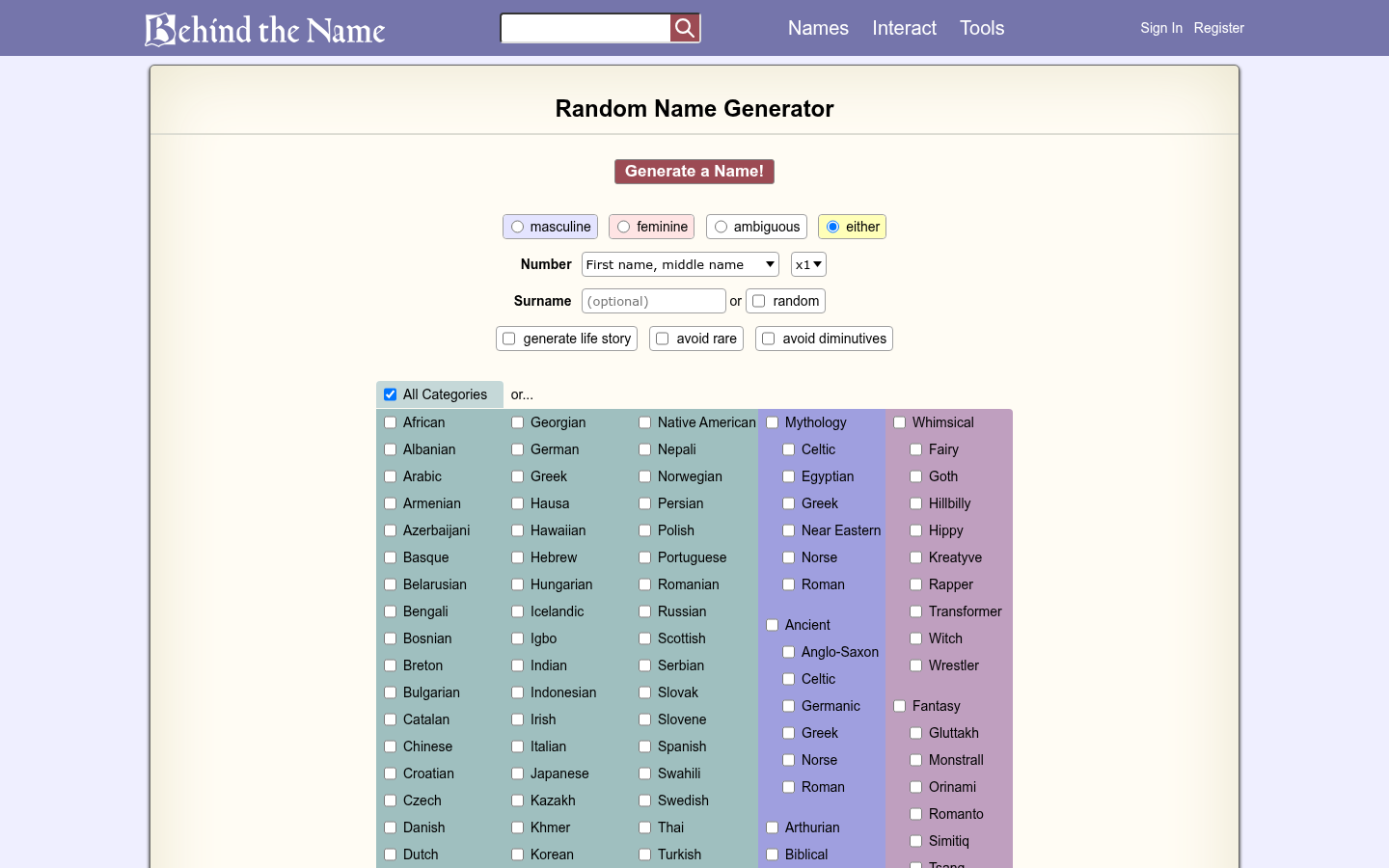 Random name generator options on Behind the Name