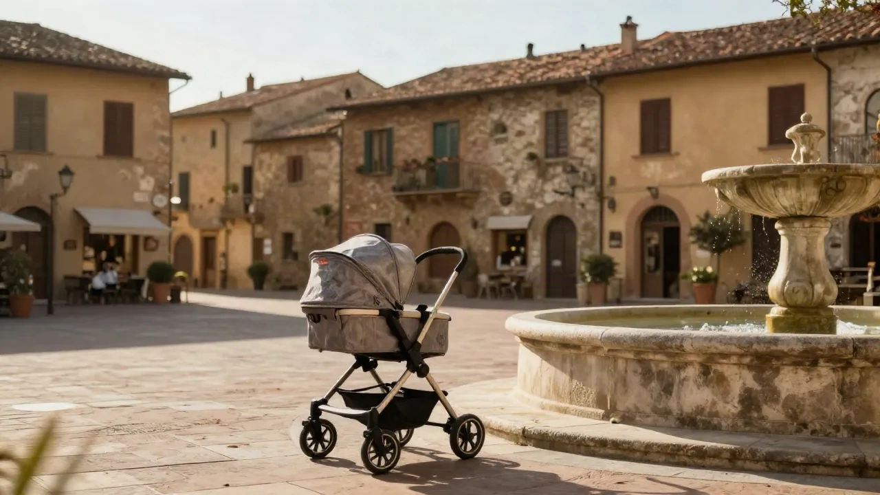 Sunlit Tuscan piazza with a baby stroller beside a stone fountain