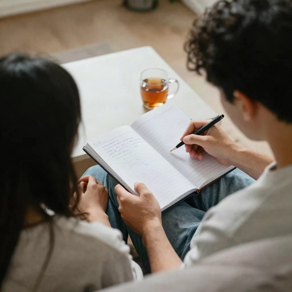 Couple on a sofa writing a shortlist of baby names in a notebook with a cup of tea