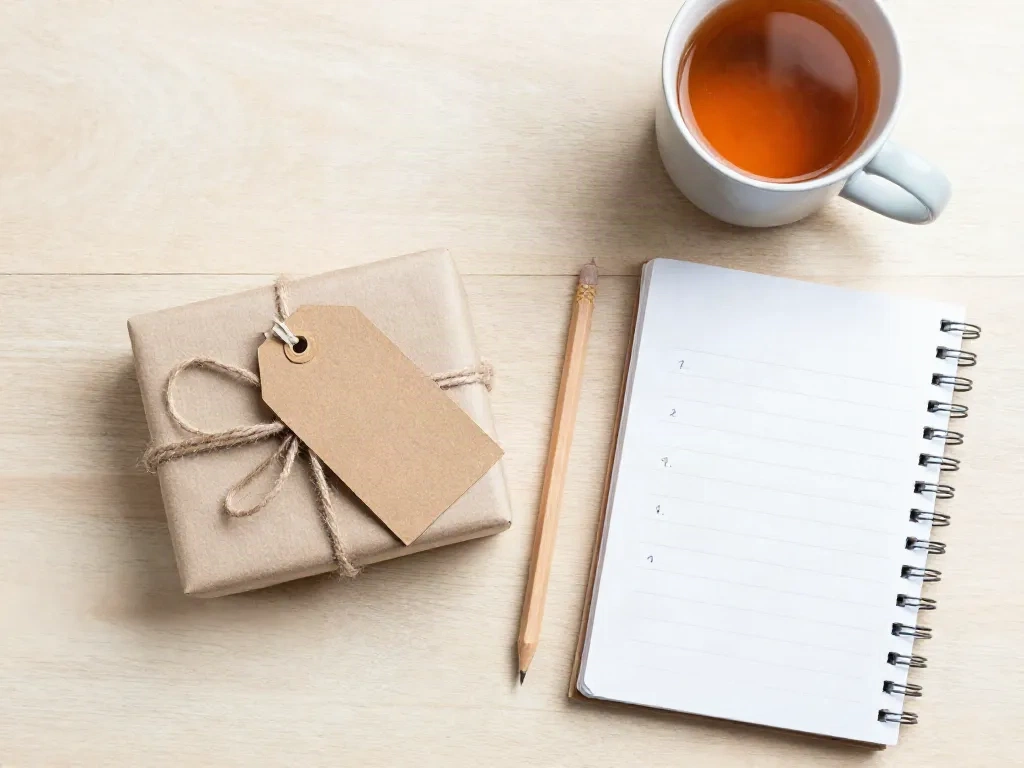 Liten present i kraftpapper med tom etikett, penna, te och en anteckningsbok med en tom numrerad lista