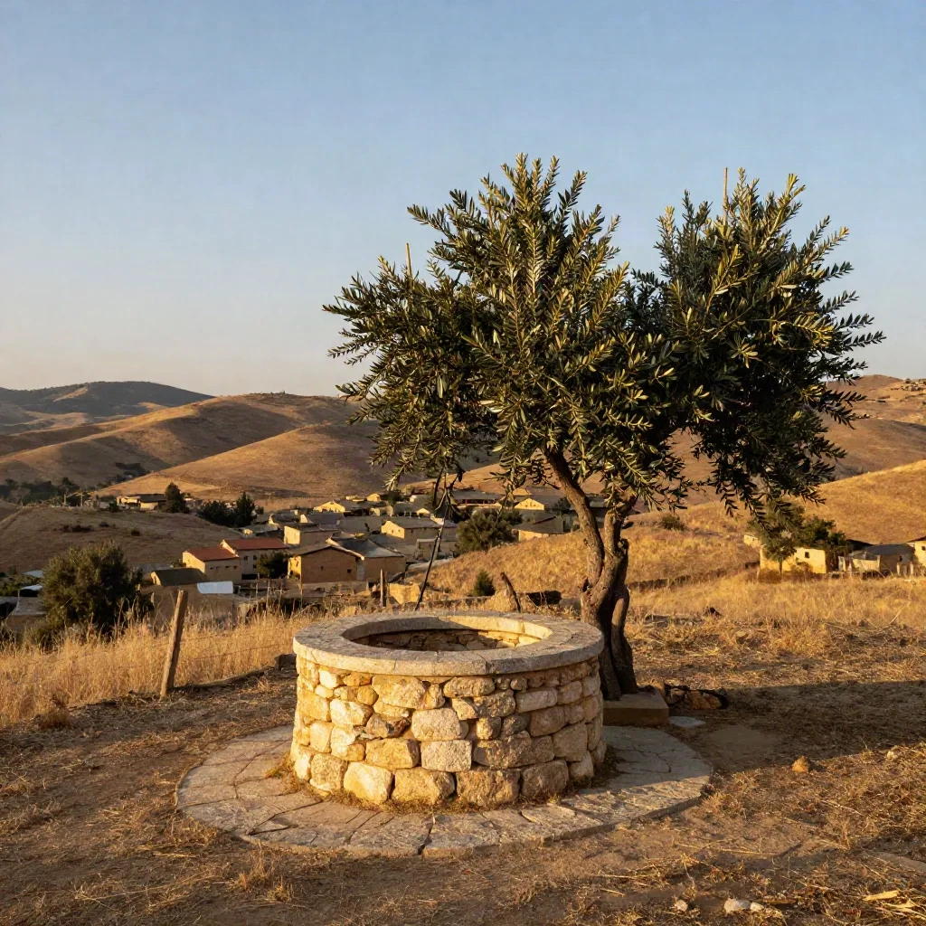 Ancient stone well beside an olive tree on a dry hillside at golden hour