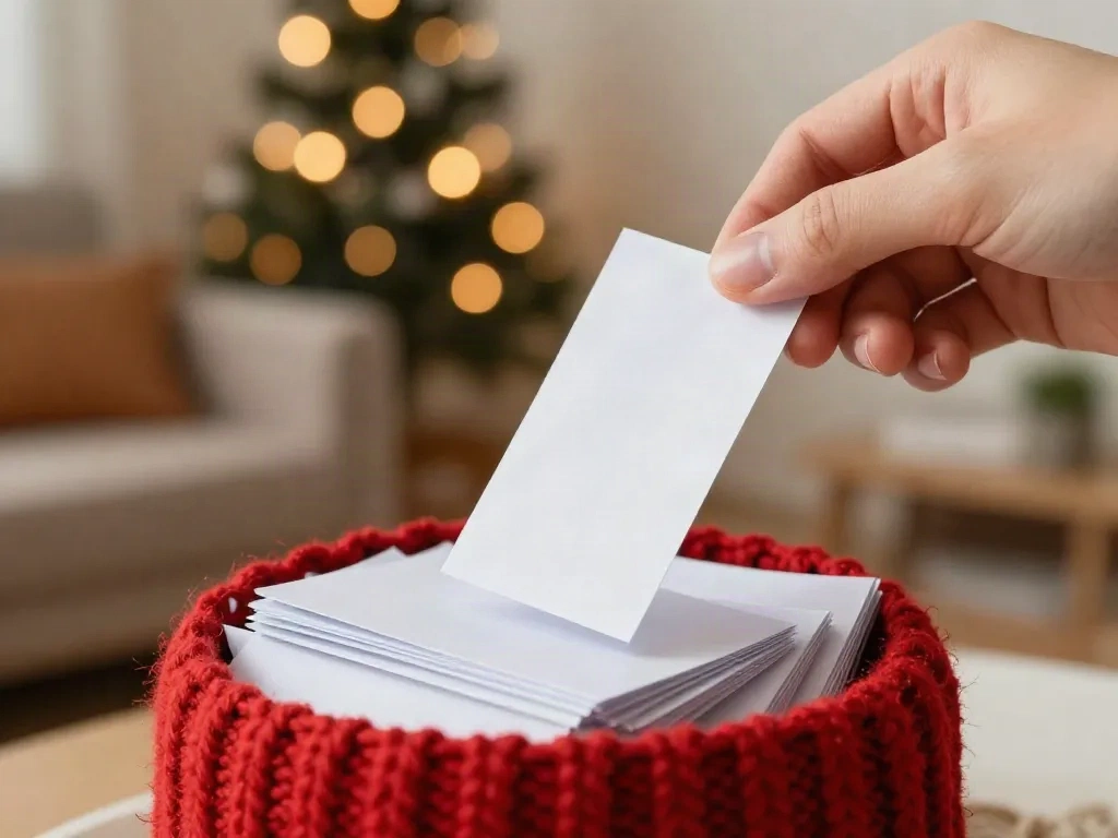 Hand som drar en vikt lapp ur en röd stickad skål framför en julgran