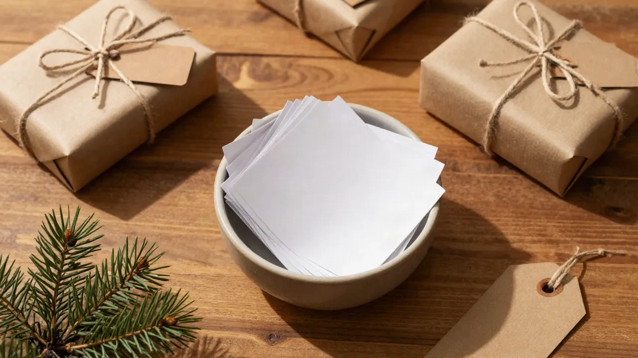 Mit Kraftpapier eingepackte Geschenke um eine Schale mit leeren, gefalteten Zetteln auf einem Holztisch