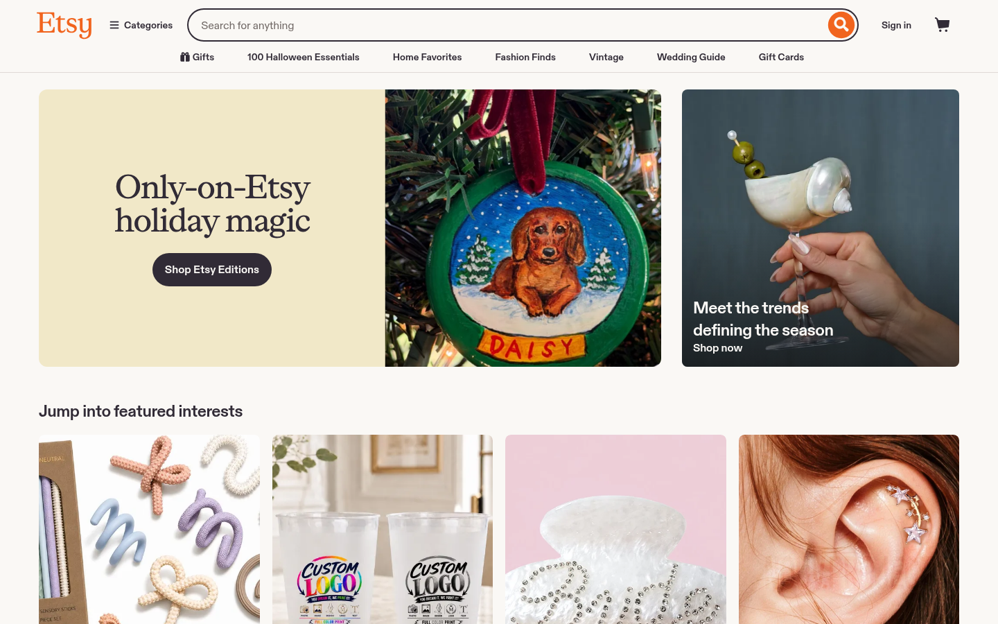 Etsy ana sayfası ekran görüntüsü