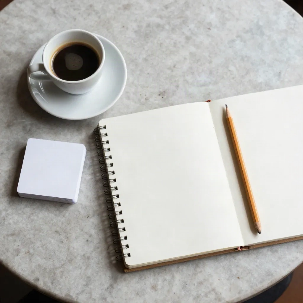 Espresso, notebook and index cards on a marble table for shortlisting names