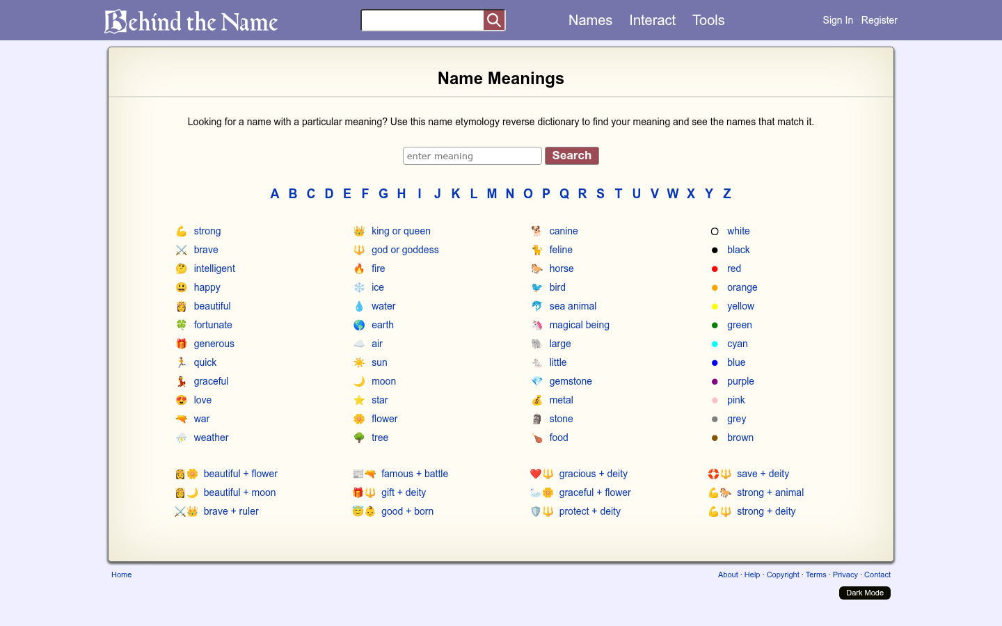 Behind the Name Name Meanings reverse dictionary page with themed meaning shortcuts