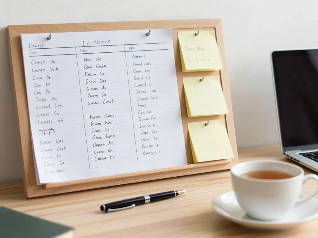 Writer's desk with handwritten name lists and sticky notes on a pinboard