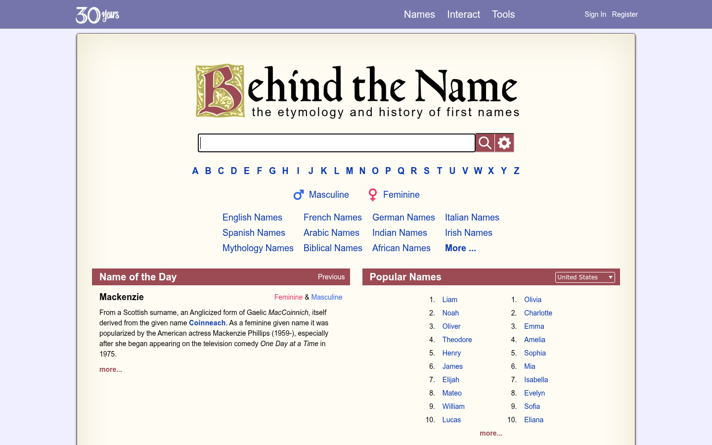 2026년 10월 Behind the Name 홈페이지: 검색창과 인기 이름이 보이는 화면