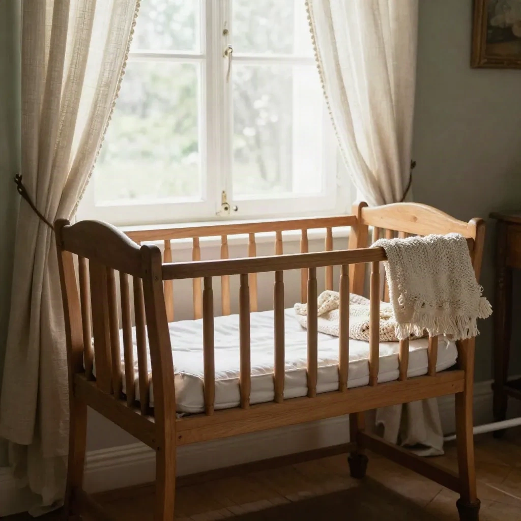 Wooden baby cradle in a sunlit French provincial bedroom