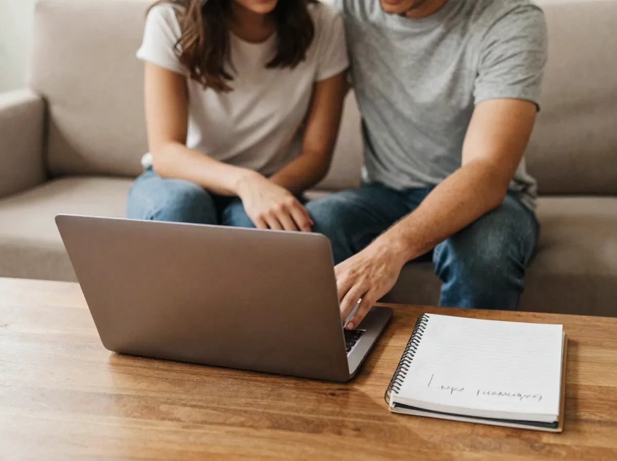 Paar auf dem Sofa, das am Laptop Mädchennamen durchsieht, daneben eine handgeschriebene Kurzliste