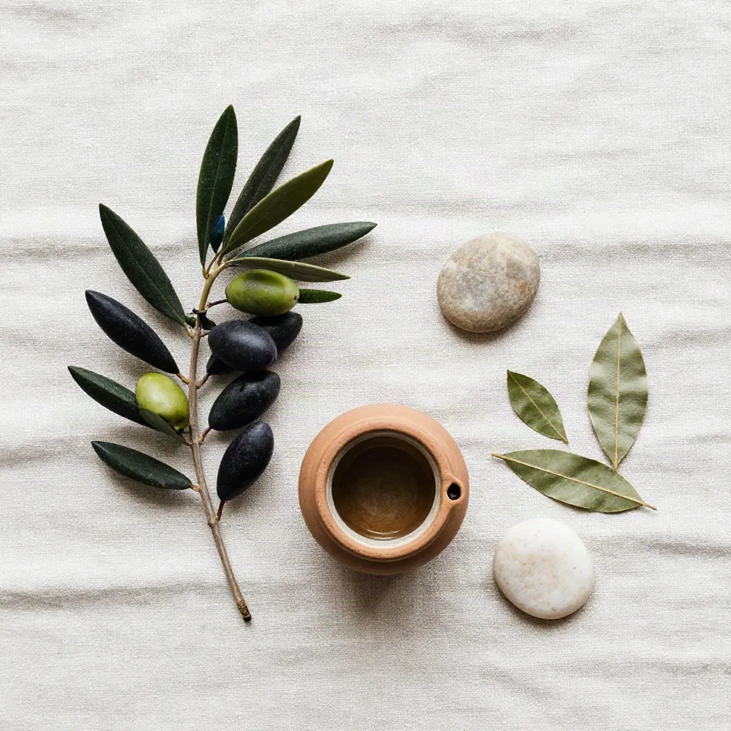 Olive branch, clay oil lamp, bay leaves and river stones on linen