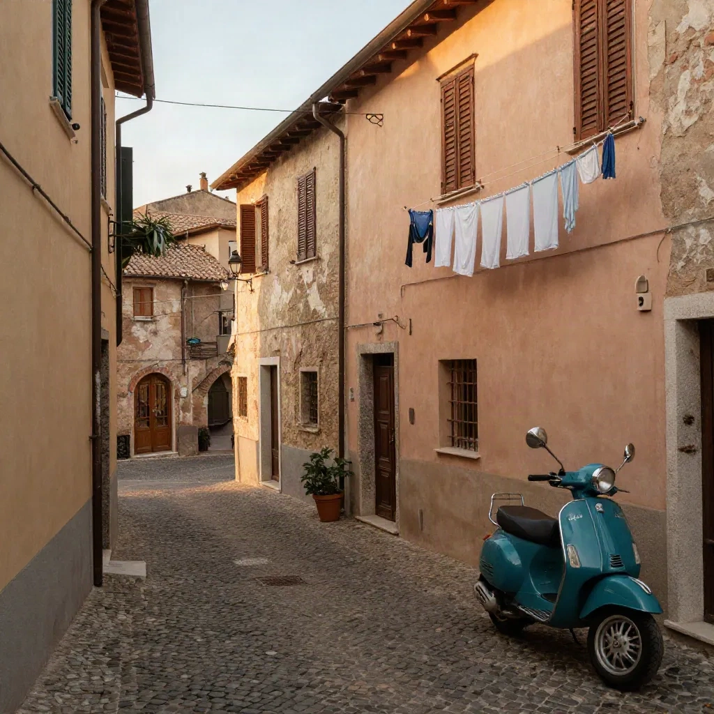 Pastel village street in southern Italy with laundry and a parked scooter