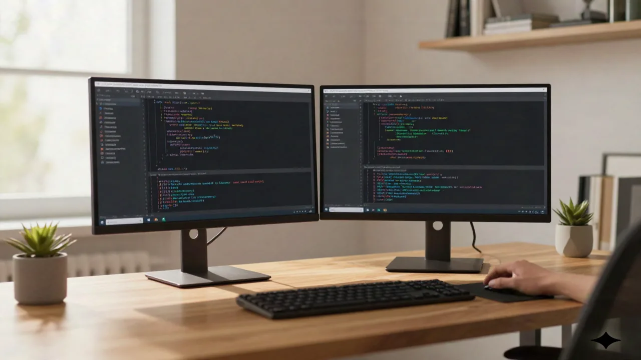 Developer workstation showing code refactoring workflow with clean structure on dual monitors