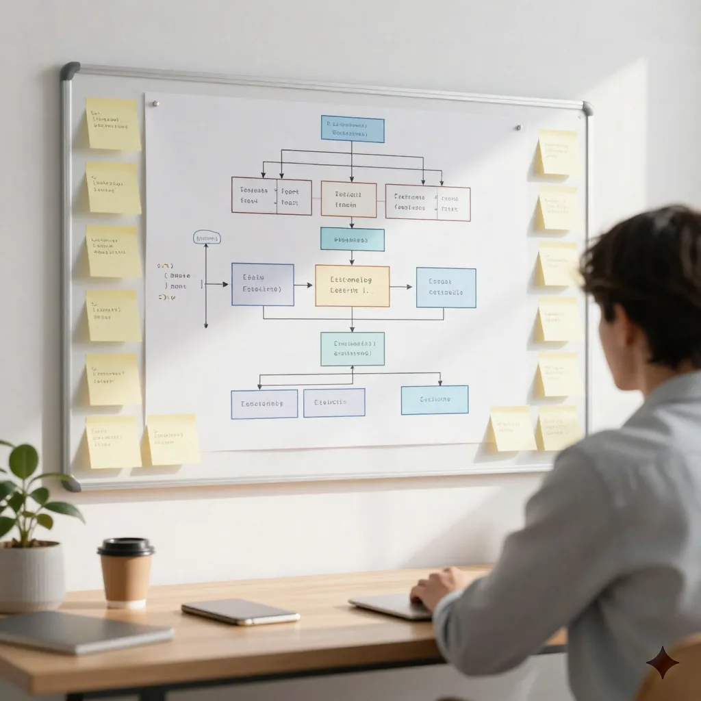 Developer planning code architecture with modular structure on sticky notes board