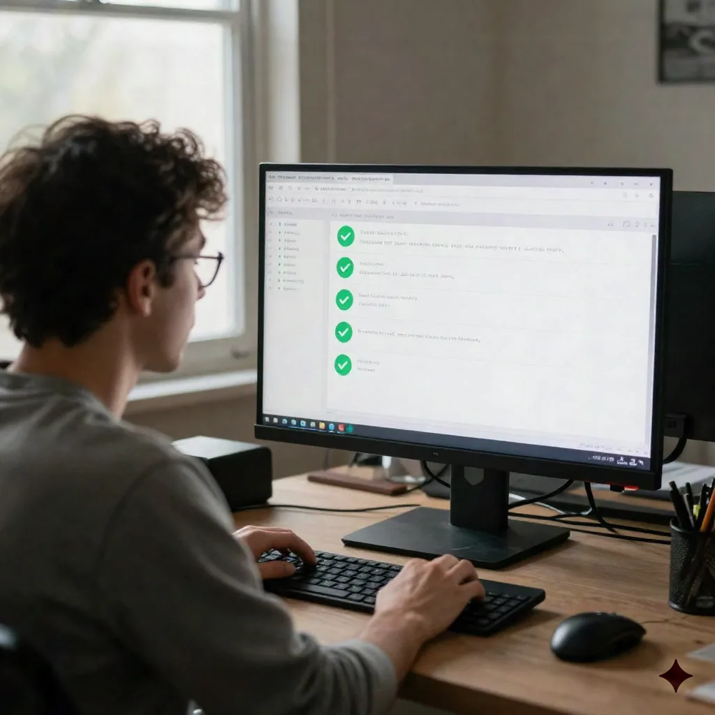 Developer reviewing automated test results on screen after code refactoring