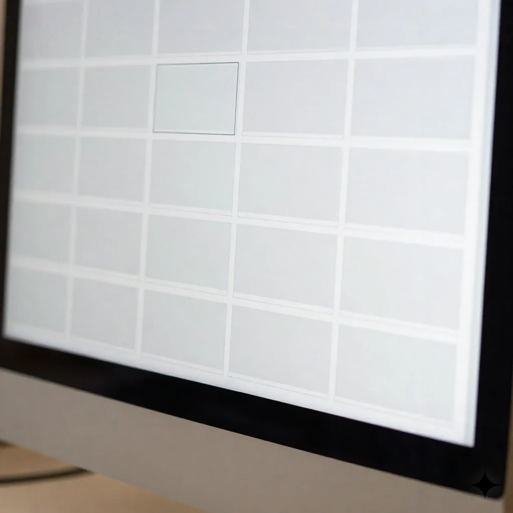Zbliżenie na monitor pokazujące minimalny wireframe siatki bloków obrazów ułożonych w czystych wierszach i kolumnach