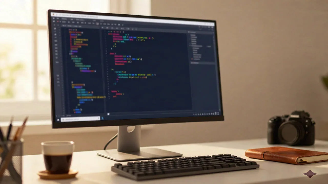Desk with monitor showing abstract syntax-highlighted code, keyboard, and coffee in warm cream and navy tones
