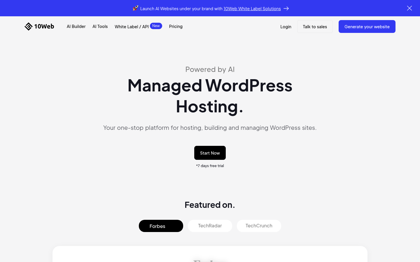 Halaman hosting WordPress terkelola 10Web yang mencantumkan fitur infrastruktur dan keamanan