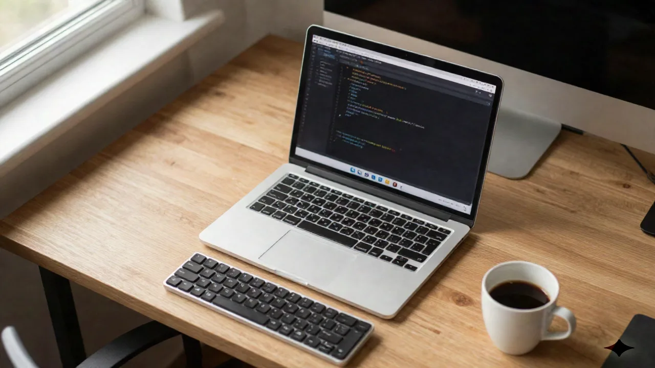 Drewniane biuro developerów z laptopem pokazującym zamazany kod PHP, ciepłe światło popołudnia, estetyka warsztatu WordPress