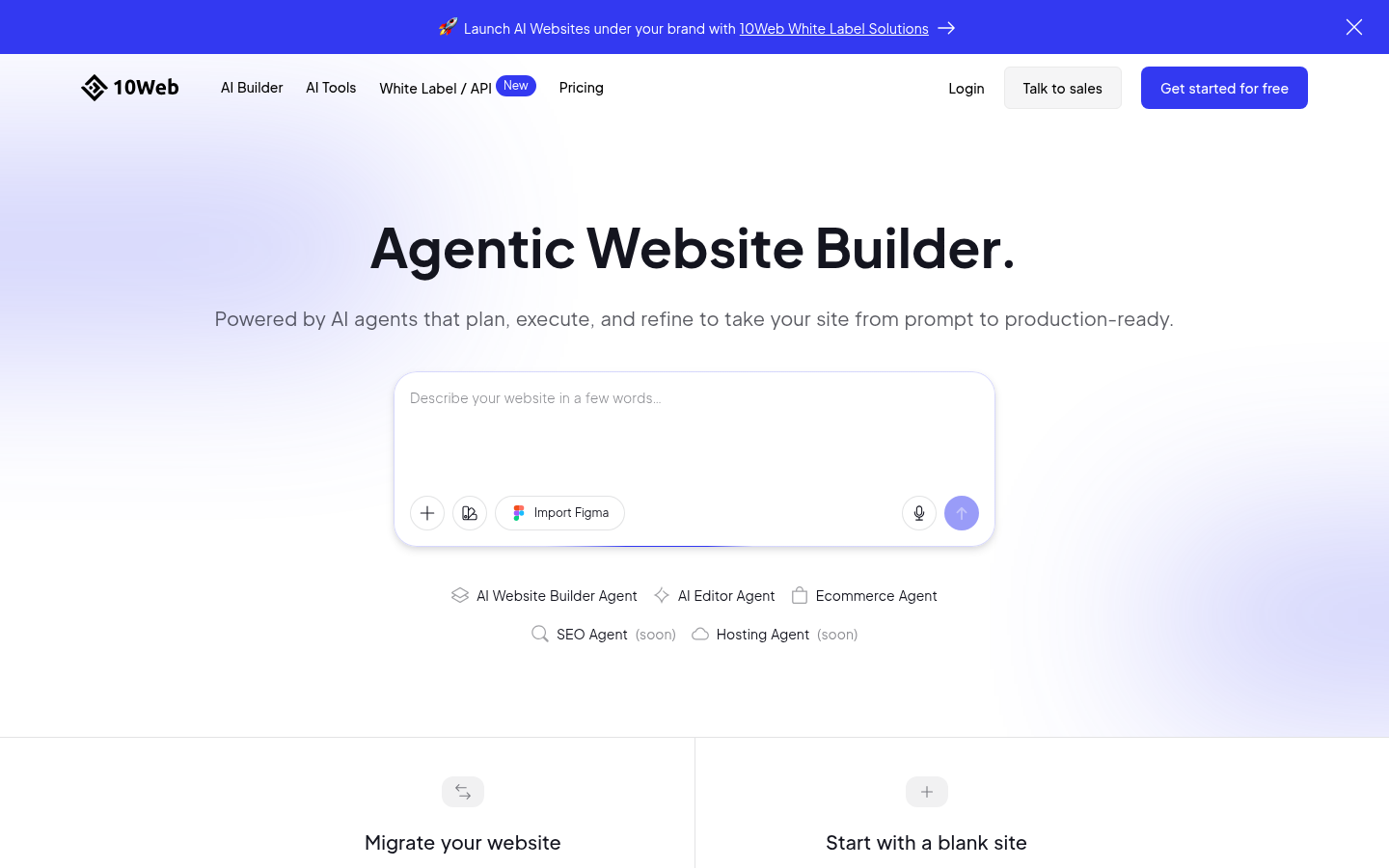 10Web KI-Website-Builder Chat-Schnittstelle, Homepage-Screenshot